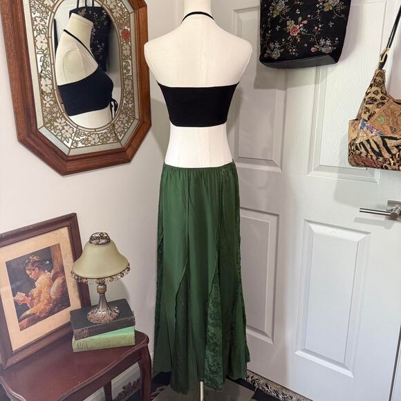 Monsoon Forest Green Pleated Patchwork Silk Blend Fairycore Maxi Skirt 6/S - Picture 5 of 8